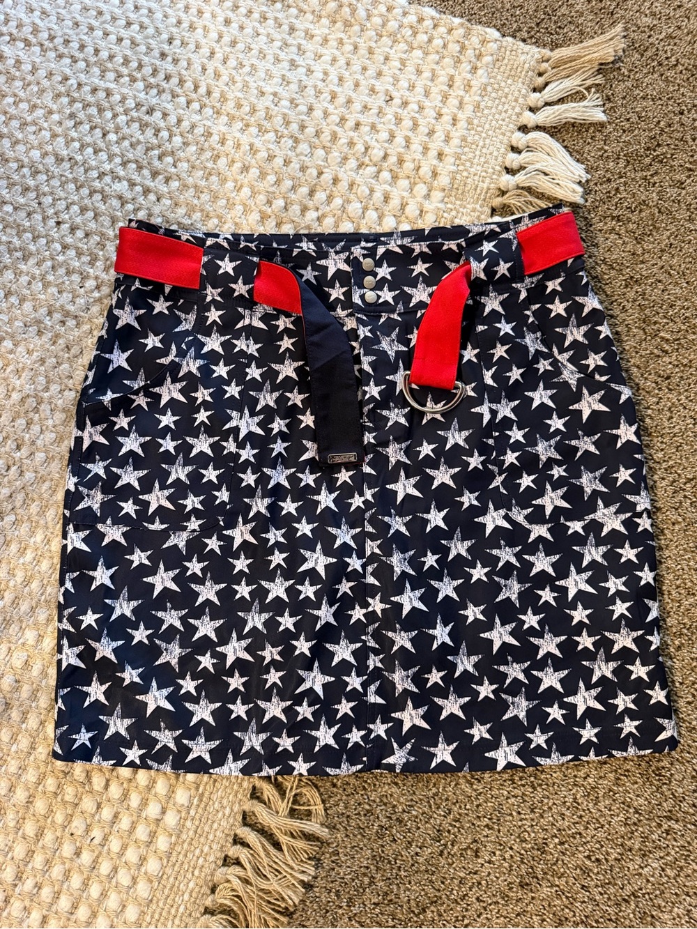 Jofit Navy Star-Print Mini Skirt with Red Belt Accent